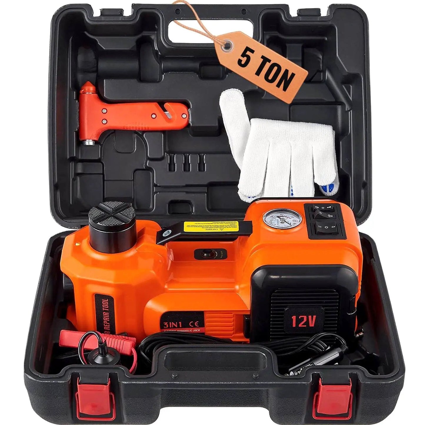 5 Ton Electric Car Jack With Built In Inflator Pump And LED Light for Cars SUVs and Trucks in carrying case with accessories