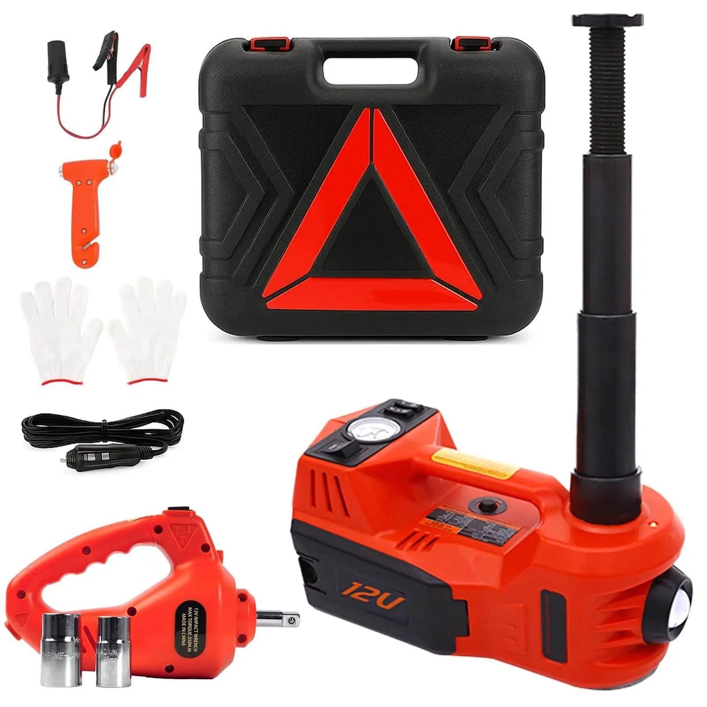5 Ton Electric Car Jack Kit With 12V Hydraulic Floor Jack Built In Impact Wrench And Tire Inflator LED Light Quick Lift To 17.7 Inches Stable Non Slip Cross Groove Ideal For SUV Sedan Truck Roadside Tire Change, including accessories and carrying case.