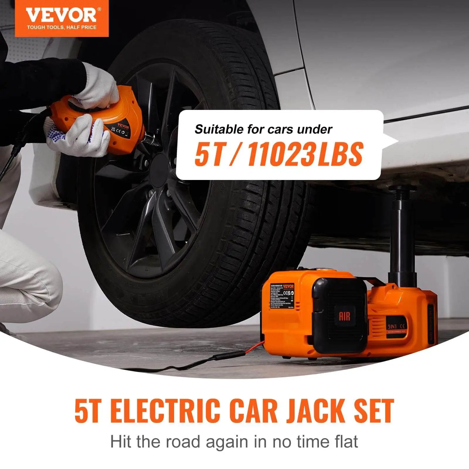 Heavy Duty 5 Ton Electric Car Jack Kit With Built In Inflatable Pump, LED Light And Electric Impact Wrench For SUVs, Sedans And Trucks, Lifting Range 6.1 to 17.7 Inches, Roadside Emergency Lifesaver By VEVOR lifting a car