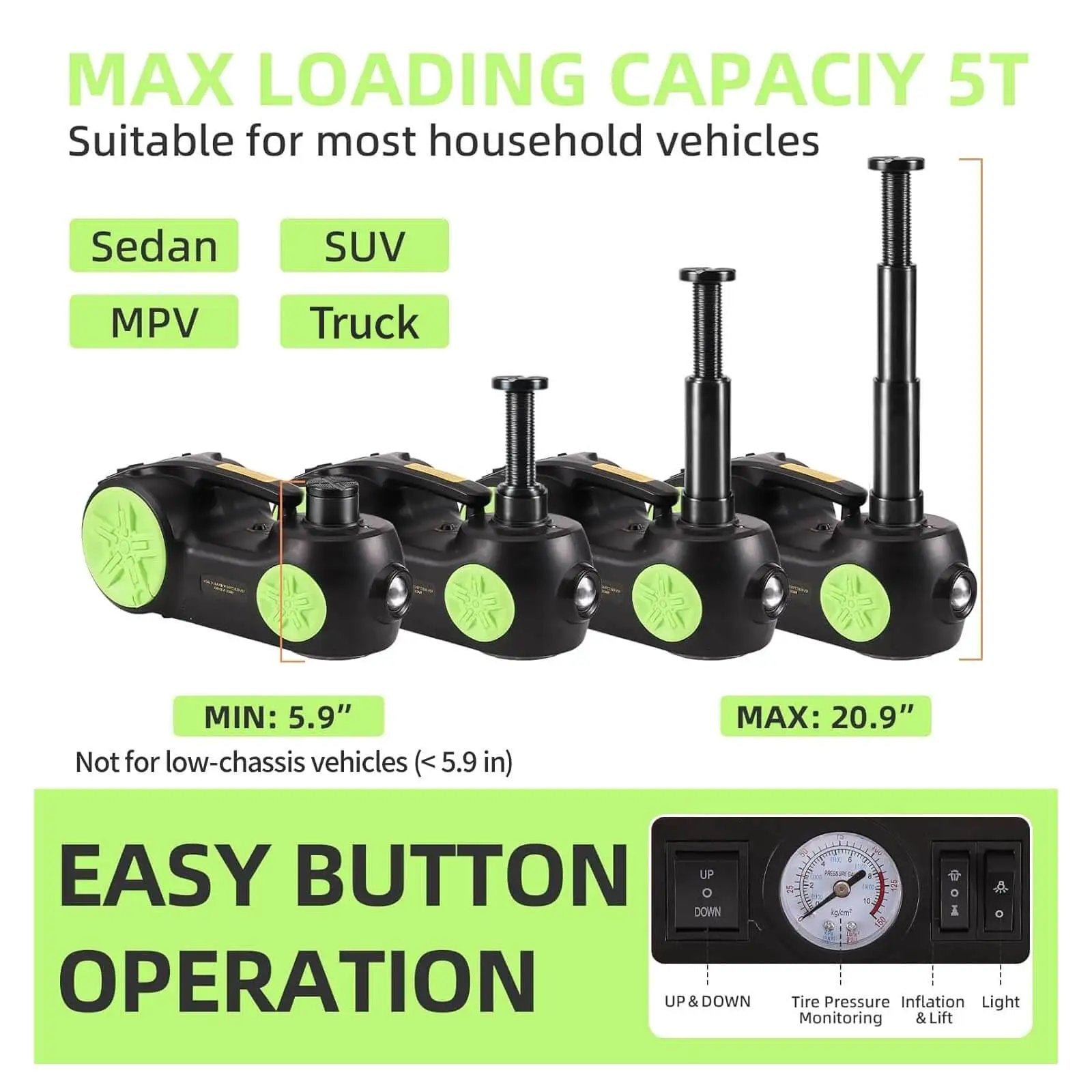 5 Ton Electric Hydraulic Car Jack Kit With 12V Portable Lift Reach 20.9 Inches shown with easy button operation feature