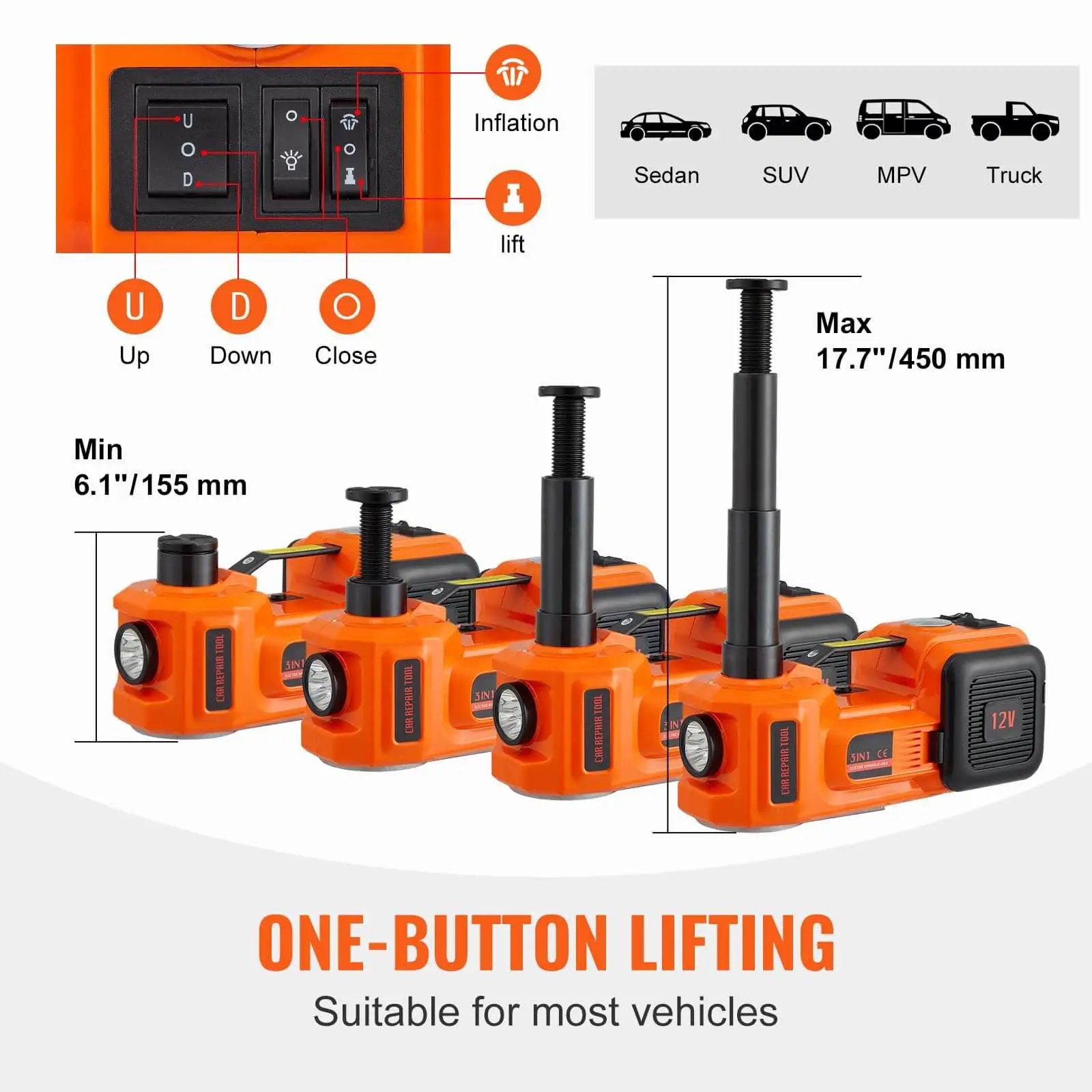 Heavy Duty 5 Ton Electric Car Jack Kit With Built In Inflatable Pump, LED Light And Electric Impact Wrench For SUVs