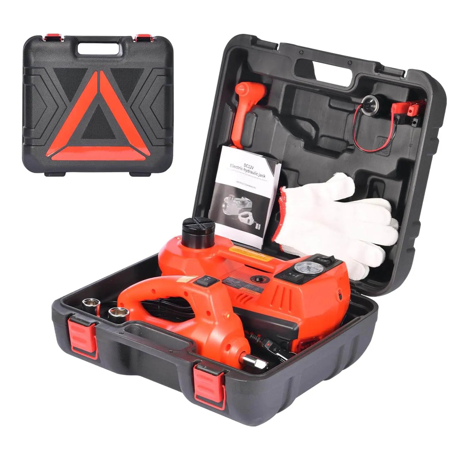 Five Ton Electric Hydraulic Car Jack Kit With LED Light For Cars SUVs And Trucks Portable Quick Lift in red carrying case