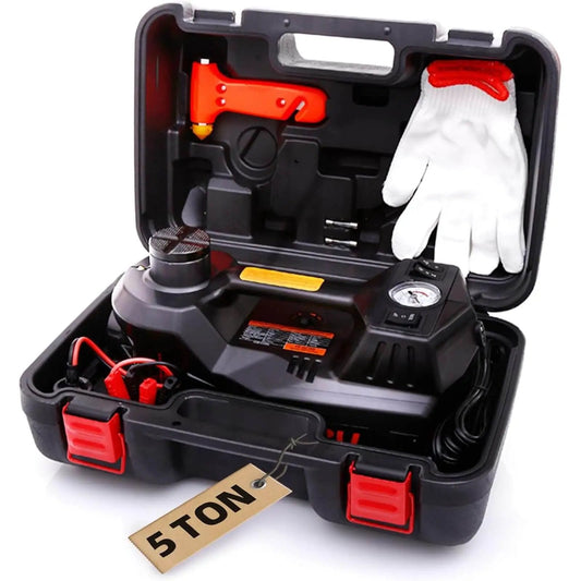 Heavy Duty 5 Ton Hydraulic Floor Jack Kit With Tire Inflator LED Light For Quick Safe Lifts And Portable Carry Case For Cars SUVs Sedans And MPVs StandTall Complete Accessory Set in open case, showing tools and gloves.