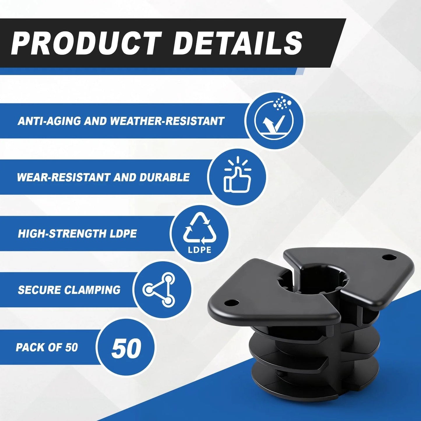 Fifty Pack Three Quarter Inch Through Stud Isolation Clamp Set For PEX Copper CPVC Plumbing Systems Durable Plastic Pipe Supports For Wood Framing And Metal Studs, showing product details and features.