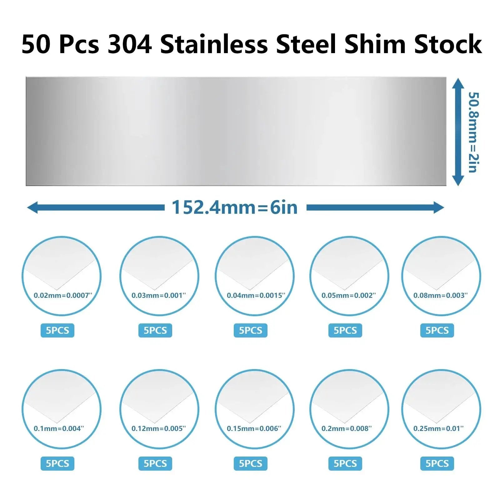 50 Piece Shim Stock Assortment 304 Stainless Steel Shims 2 Inch By 6 Inch For Precise Gaps And Leveling Ten Thicknesses Display