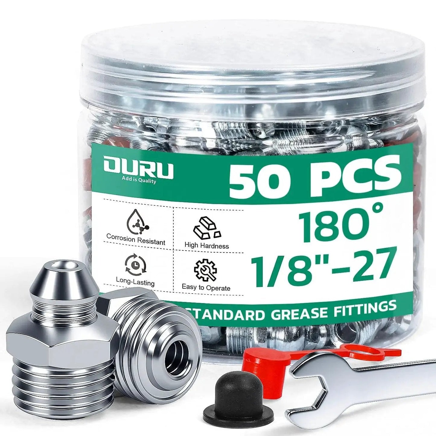 Pro Grade 50 Piece One Eighth Inch Twenty Seven Thread Zerk Grease Fittings Kit With Straight Fittings Caps And An Eleven Millimeter Wrench For Grease Gun Use Durable Galvanized Steel Set Built For Heavy Machinery And Everyday Equipment Maintenance OURU with storage jar and wrench