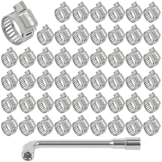 50 Pack Stainless Steel Hose Clamps One Quarter To One Half Inch Adjustable Worm Gear With Socket Wrench for Plumbing Automotive