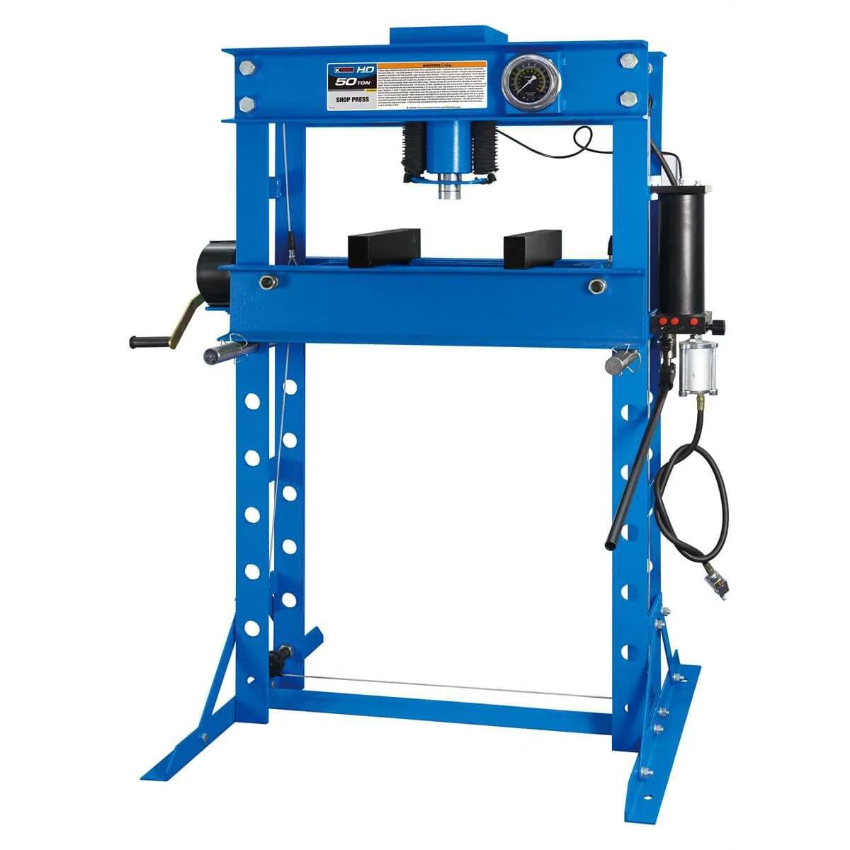 50 Ton Air/Hydraulic Shop Press, 7.5" Ram Stroke, blue frame, with Double Speed Pump and Self-Locking Hand Winch