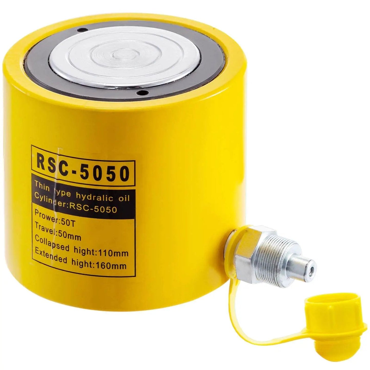 Beefy 50 Ton Hydraulic Jack With 2 Inch Stroke Solid Single Acting Ram Cylinder 50Mm Bore Lifting Tool For Auto Repair Heavy Equipment And Workshop Use By Mophorn displayed from side view with yellow solid steel body.