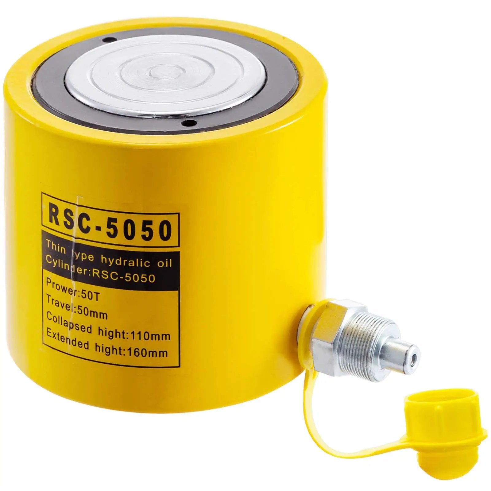 Beefy 50 Ton Hydraulic Jack With 2 Inch Stroke Solid Single Acting Ram Cylinder 50Mm Bore Lifting Tool For Auto Repair Heavy Equipment And Workshop Use By Mophorn displayed from side view with yellow solid steel body.
