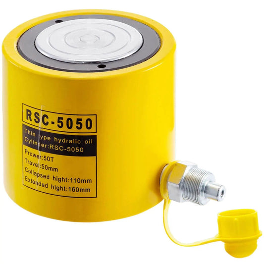 Beefy 50 Ton Hydraulic Jack With 2 Inch Stroke Solid Single Acting Ram Cylinder 50Mm Bore Lifting Tool For Auto Repair Heavy Equipment And Workshop Use By Mophorn displayed from side view with yellow solid steel body.