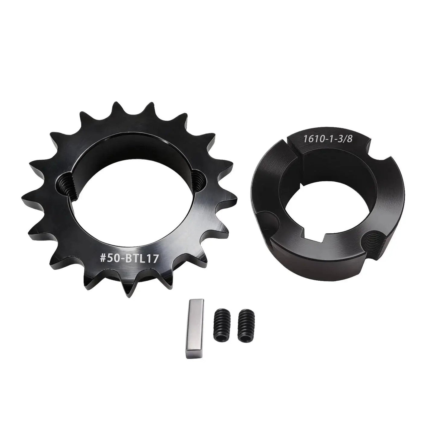 50 Sprocket 17 Tooth Taper Lock With Bushing Kit Ready To Install, Adjustable Bore, Black Oxide Finish, Hardened Steel Components
