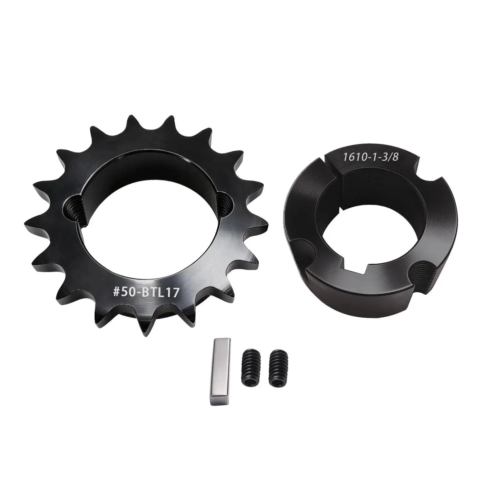 50 Sprocket 17 Tooth Taper Lock With Bushing Kit Ready To Install, Adjustable Bore, Black Oxide Finish, Hardened Steel Components