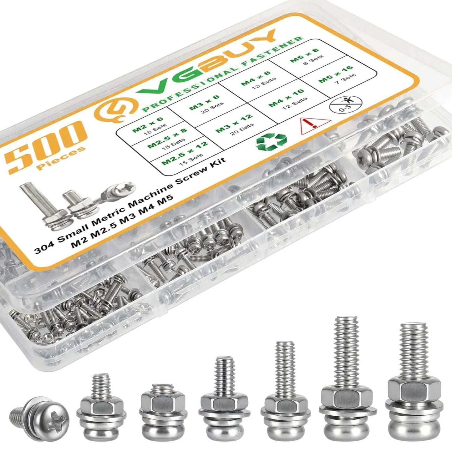 500 Pcs Stainless Steel Nut and Bolt Assortment Kit with M2 M2.5 M3 M4 M5 Metric Machine Screws Featuring Integrated Washer Assemblies for Secure Fastening in DIY Repairs Electronics and Machinery