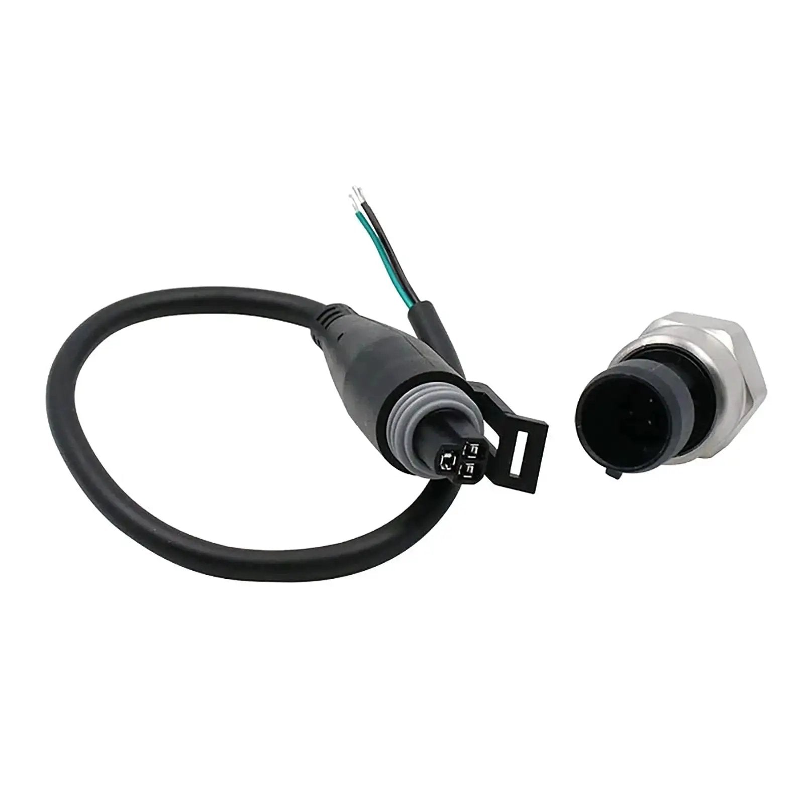 Close-up of Built Tough 500 Psi 1/8 NPT Pressure Transducer Sensor with stainless steel body and wiring for cars motorcycles boats.