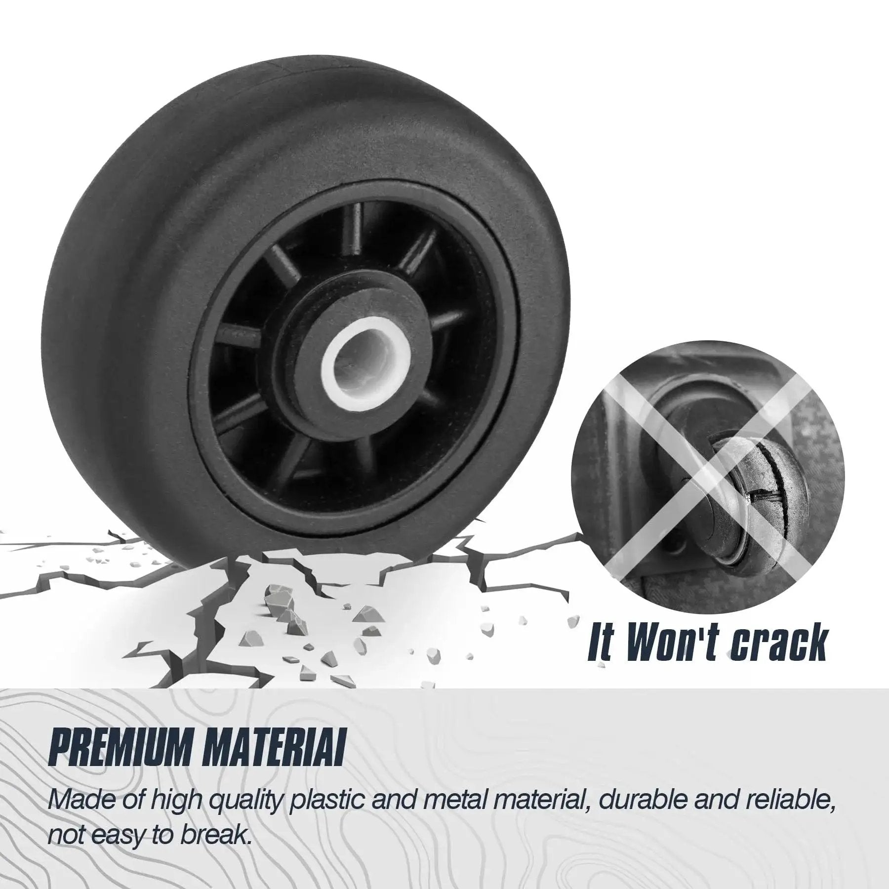 Four Piece 50mm Luggage Replacement Wheel Kit For Travel Suitcases Swivel Caster Wheels With Smooth Rubber Tread close-up view