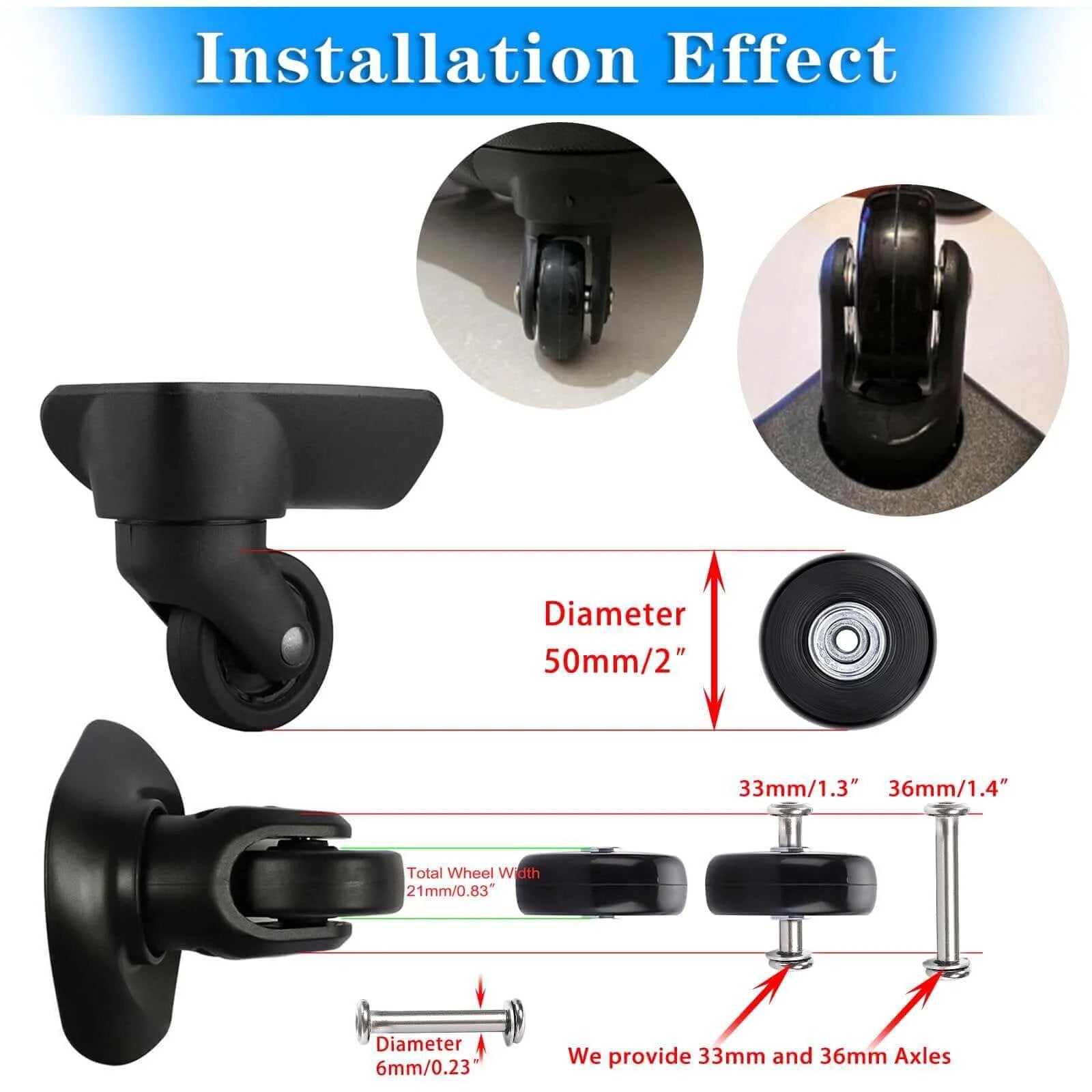 50mm x 18mm Set of 4 Luggage Suitcase Replacement Wheels, rubber swivel caster wheels installation diagram, black