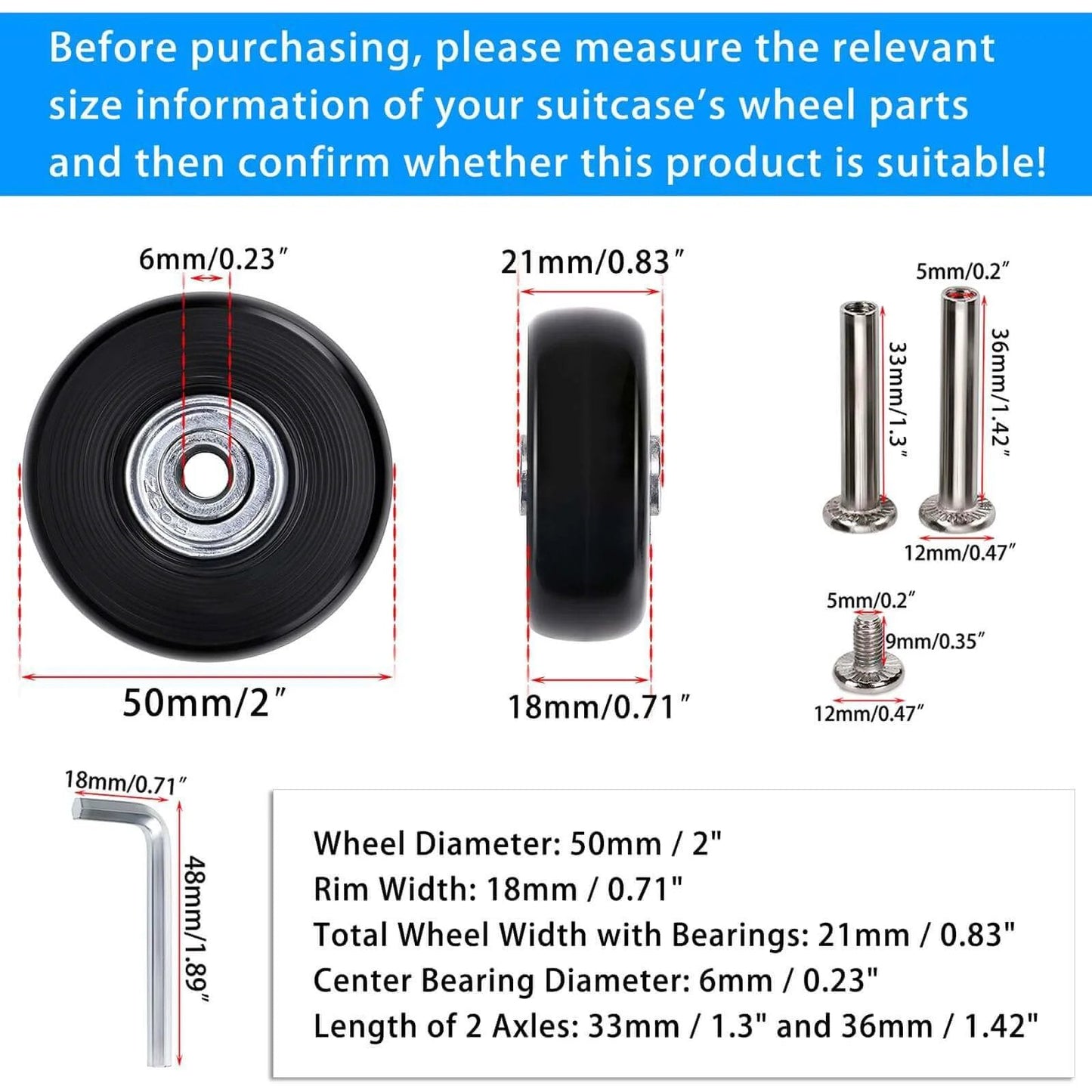 50mm x 18mm Set of 4 Luggage Suitcase Replacement Wheels, Rubber Swivel Caster Wheels Bearings Repair Kits (Black), dimensions diagram