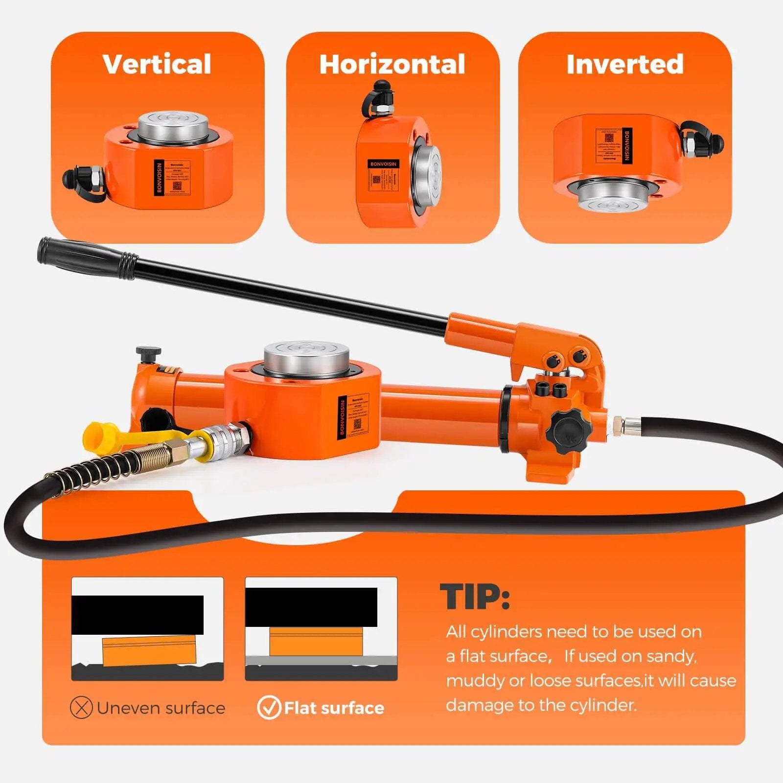 Heavy Duty Bonvoisin 50 Ton Hydraulic Ram Cylinder With 0.63 Inch Stroke Low Profile Porta Power Jack shown in vertical, horizontal, and inverted positions with usage tips.