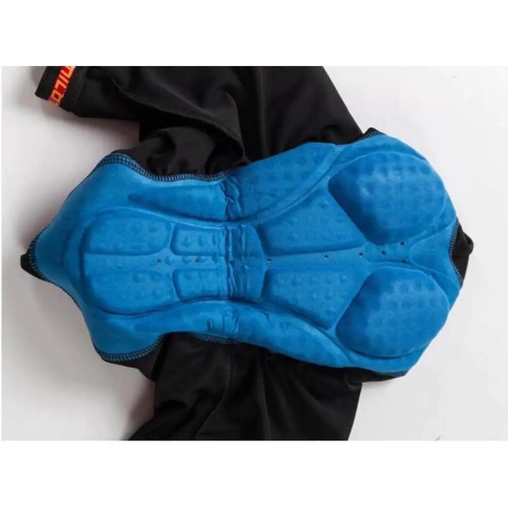 Close-up of blue padded gel cycling shorts insert, designed for comfort and support during long bike rides.