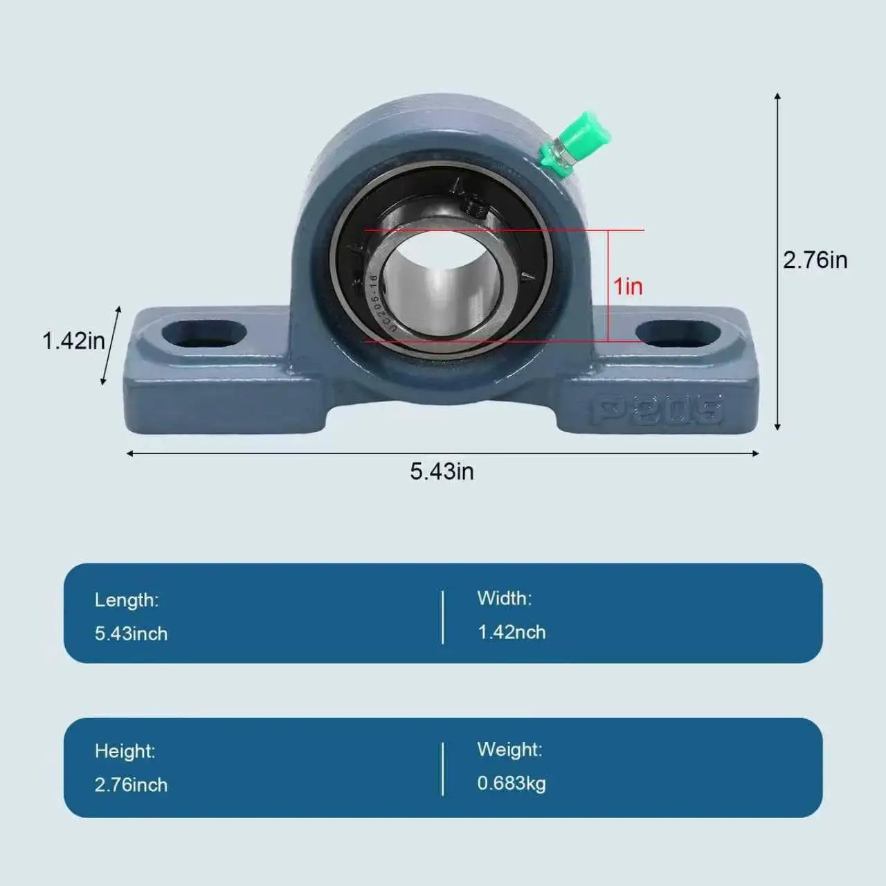 Front view of Heavy Duty Pillow Block Bearing Set 4 Pack UCP205-16 1 Inch Self Aligning Ball Bearing With Cast Iron Housing Durable Bearing Steel For Industrial Machinery By SUPLABEL High Load Capacity Smooth Operation And Long Lasting Performance In Tough Conditions with measurements shown.