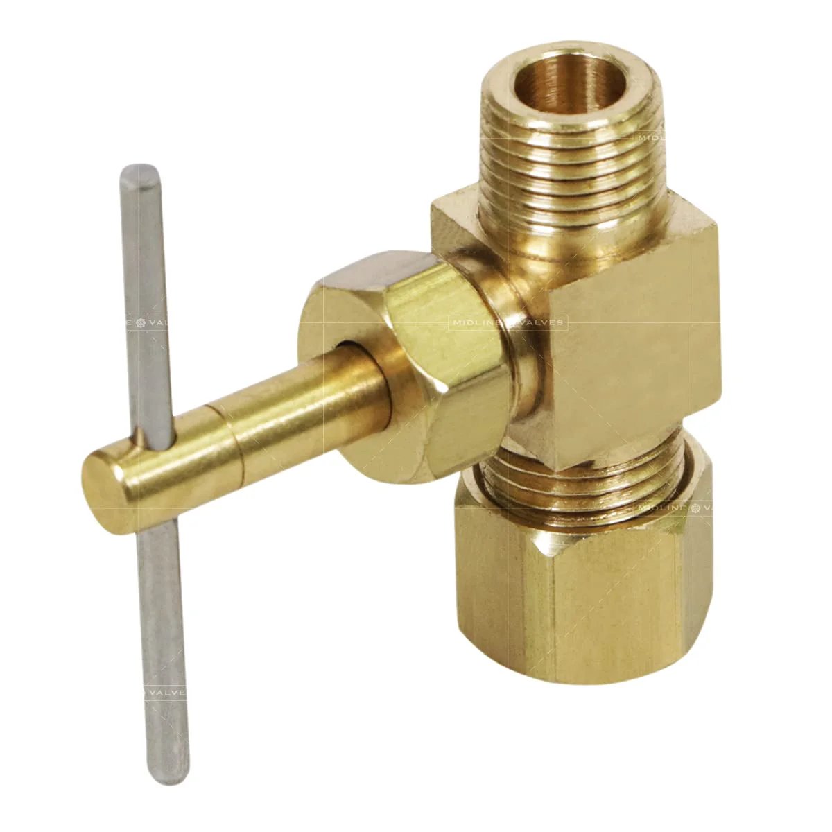 One Quarter Inch Compression To One Eighth Inch MIP Straight Needle Valve In Lead Free Brass showing one-piece body and needle handle
