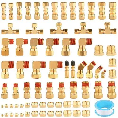 Premium DOT Air Brake Line Fittings Kit With 74Pcs Includes Union Connectors Tube Tees 90 Degree Elbows 45 Degree Elbows