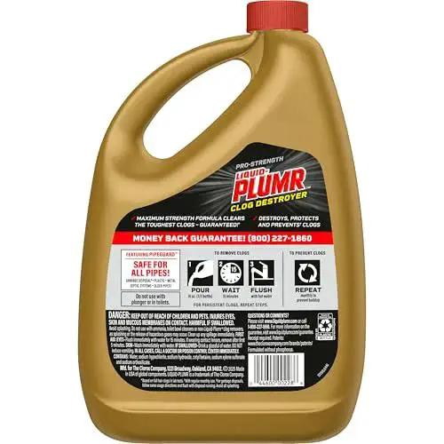 Pro Strength Clog Destroyer Gel For Drains Liquid Drain Cleaner 80 Oz bottle, front view, gold packaging, with instructions.