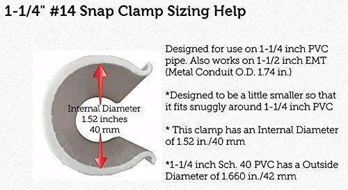 Cross-section of a clamp with 1.52-inch internal diameter and sizing details, suitable for 1-1/4 inch PVC and 1-1/2 inch EMT.