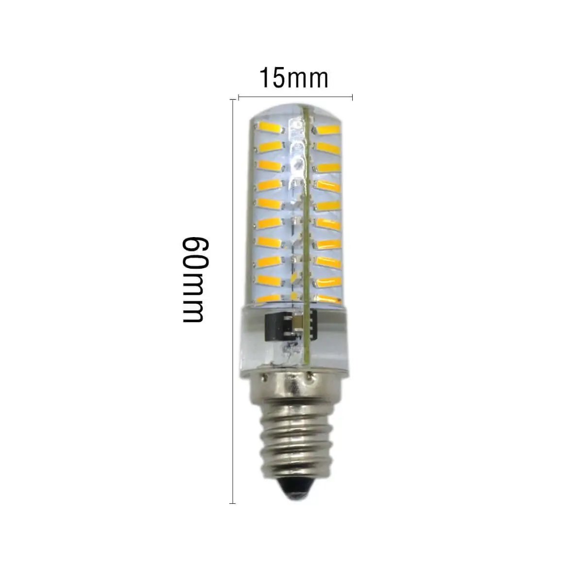 LED bulb with 60mm height and 15mm width, featuring energy-efficient design and compact E12 base suitable for various lighting applications.
