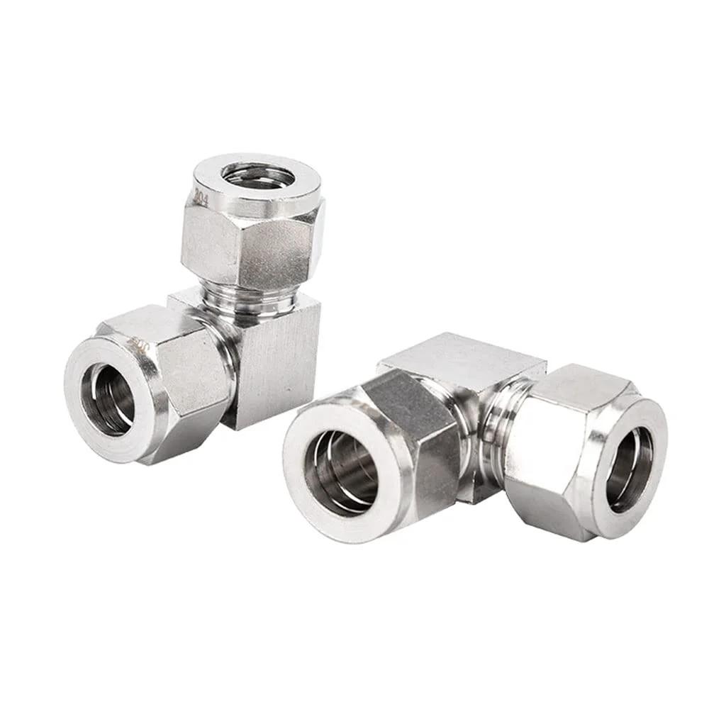 Heavy Duty 304 Stainless Steel Compression Tube Fitting 90 Degree Elbow For Tubing To Pipe Three Eighths Inch OD X Three Eighths Inch OD Twin Ferrule Leakproof High Pressure Seal Pysrych, front view