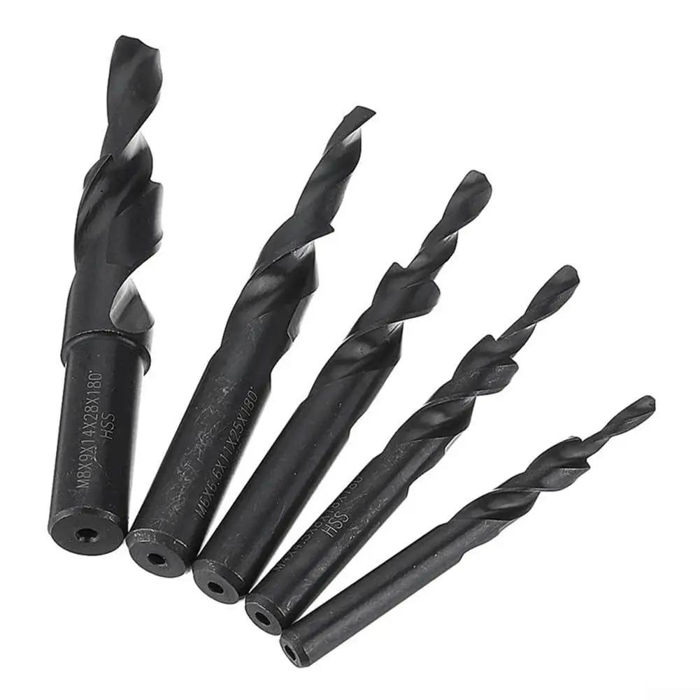 Set of five Dual Function HSS Cobalt Two Stage Step Drill Bits For Metal with Counterbore Spiral Design for Reaming and Chamfering