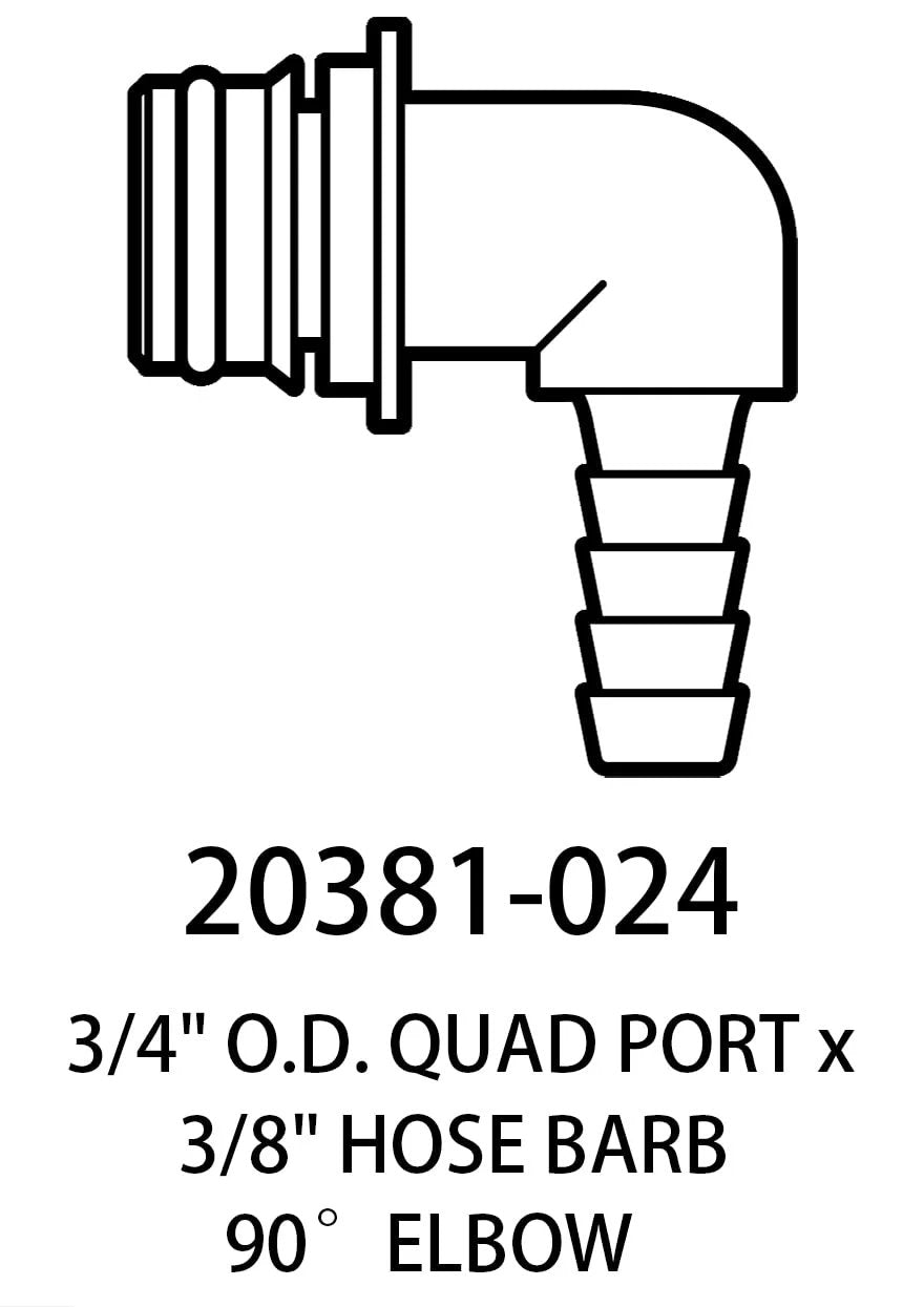 Quad Port Fittings 3/4 Inch O D With 3/8 Inch Hose Barb 90 Degree Elbow For Flojet Triplex Quad And G57 Water Pump Series