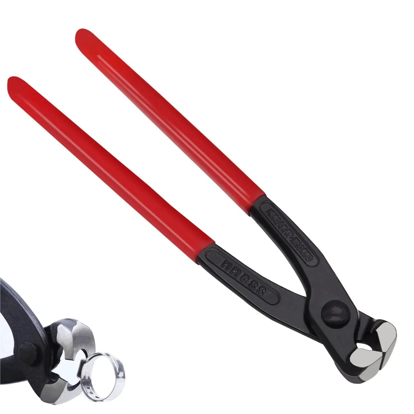9 Inch Ear Clamp Pliers Hose Clamp Crimping Tool Carbon Steel with red non-slip handles, shown in side view.