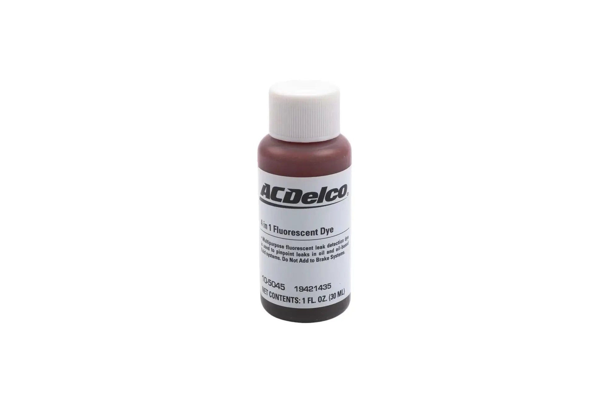 GM Original Equipment 10-5045 Multi-Purpose Fluorescent Leak Detection Dye 1 oz bottle with label, white cap.
