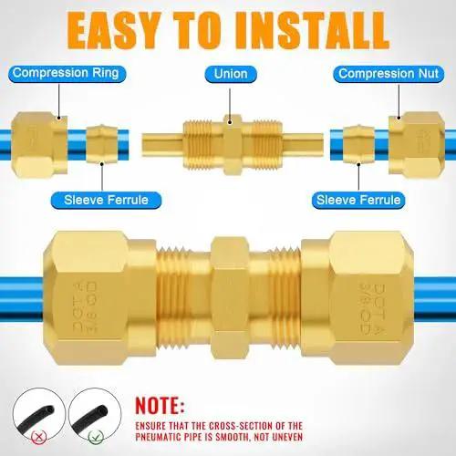 Diagram showing Premium DOT Air Brake Line Fittings Kit with union connectors and sleeve ferrules for easy installation.