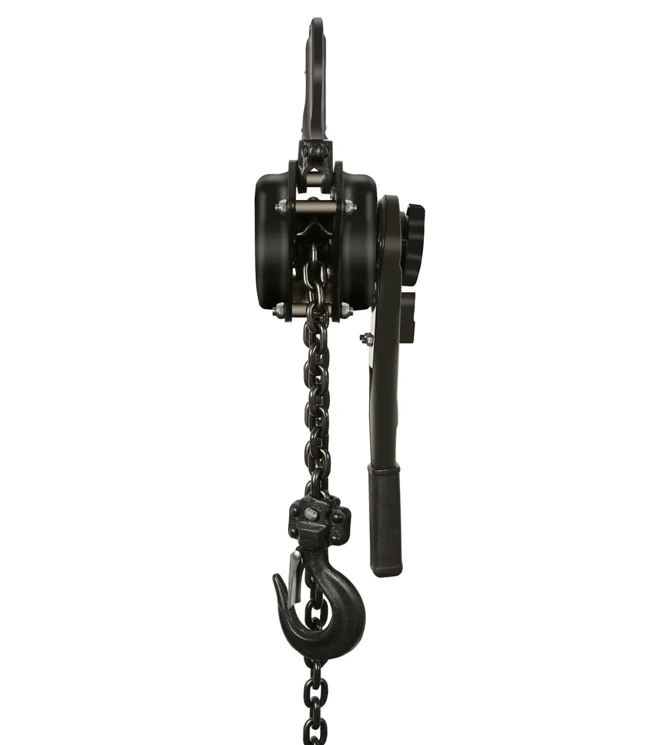 Manual Lever Hoist Come Along Three Quarters Ton Capacity 1650 Lbs, side view with heavy duty hook and chain, ideal for lifting.