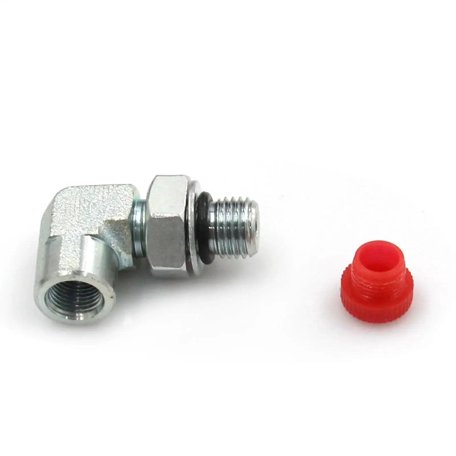 Ford Powerstroke 7.3 Fuel Pressure Test Port Adapter 1/8NPT With 90 Degree Elbow in metal with red plastic cap