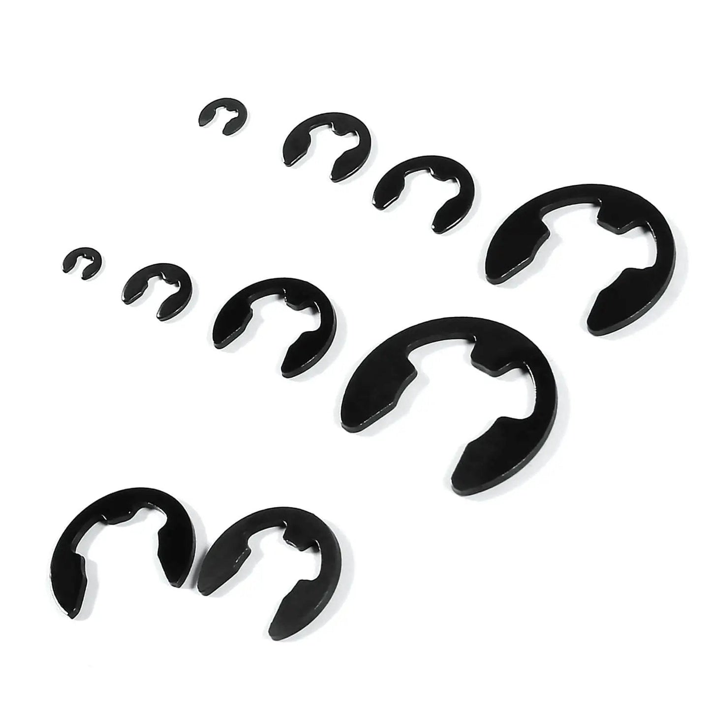 Essential E Clip Assortment Kit For Bearings Gears Pulleys And Shafts With 10 Sizes From 1.5mm To 10mm External Retaining Rings Snap Rings Set DIANN Pro Grade Hardened Steel displayed in varying sizes