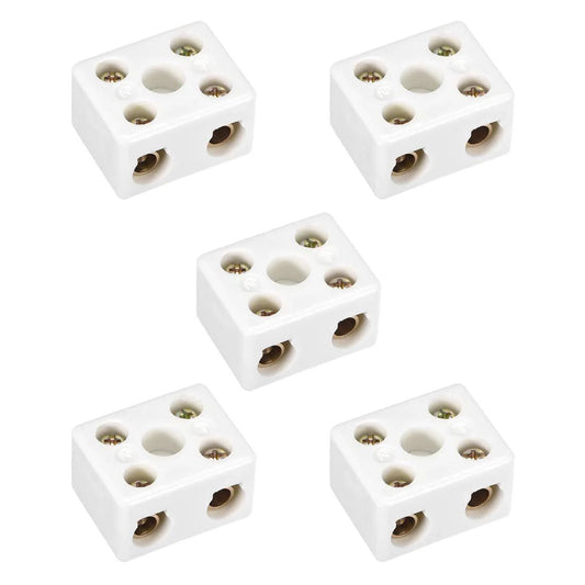 2 Way Ceramic Terminal Blocks For High Temp Electrical Wiring And Safe Wire Connections Porcelain Ceramic Connectors With 5 Holes 380V 25A Rating Heavy Duty Heat Resistant Design Easy Wire In 39 By 31.5 By 23 Mm 5 Pack