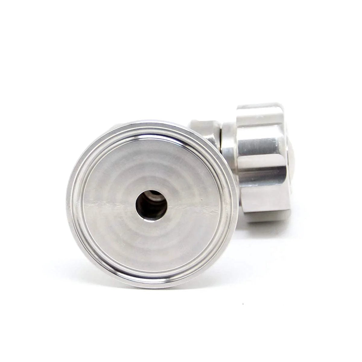 Front view of One Point Five Inch SS304 Stainless Beer Sampling Valve With Clamp End 2 Pack For Homebrewers, showing tri-clamp end.