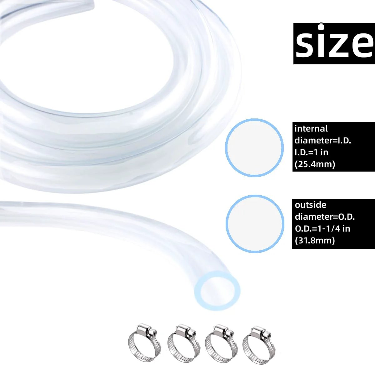 Clear PVC Tubing One Inch Inner Diameter By One And A Quarter Inch Outer Diameter Ten Feet Long With Four Stainless Clamps
