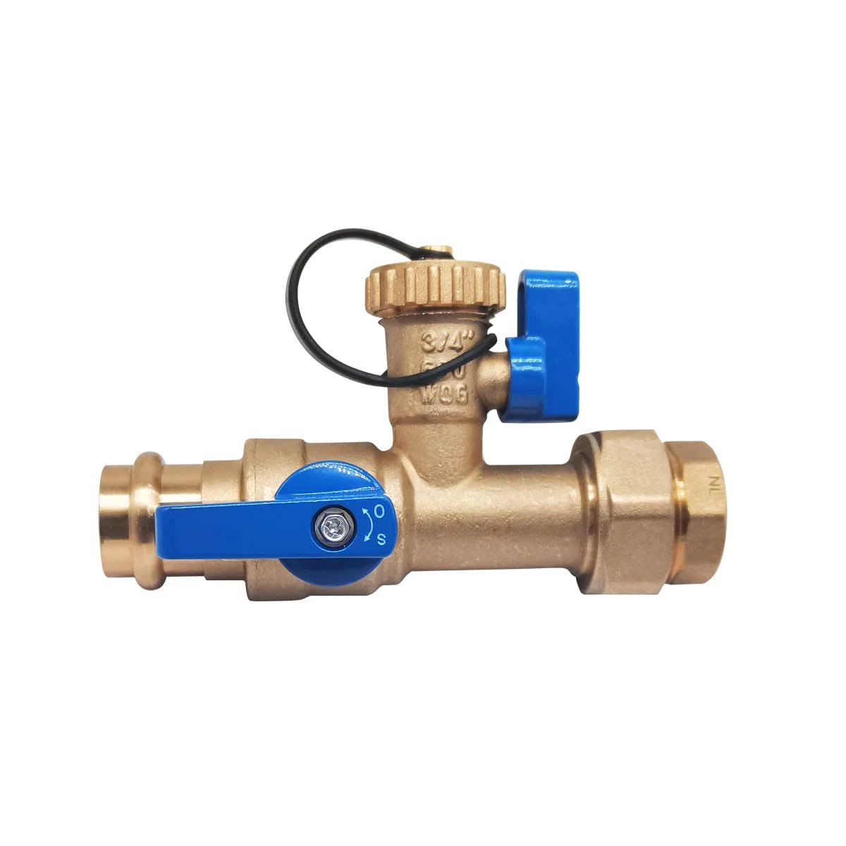 Tankless Water Heater Isolation Valve Kit With Pressure Relief Valve In Clean Brass For Low Lead Codes, Three Quarters Inch Female Threaded X Press Connection
