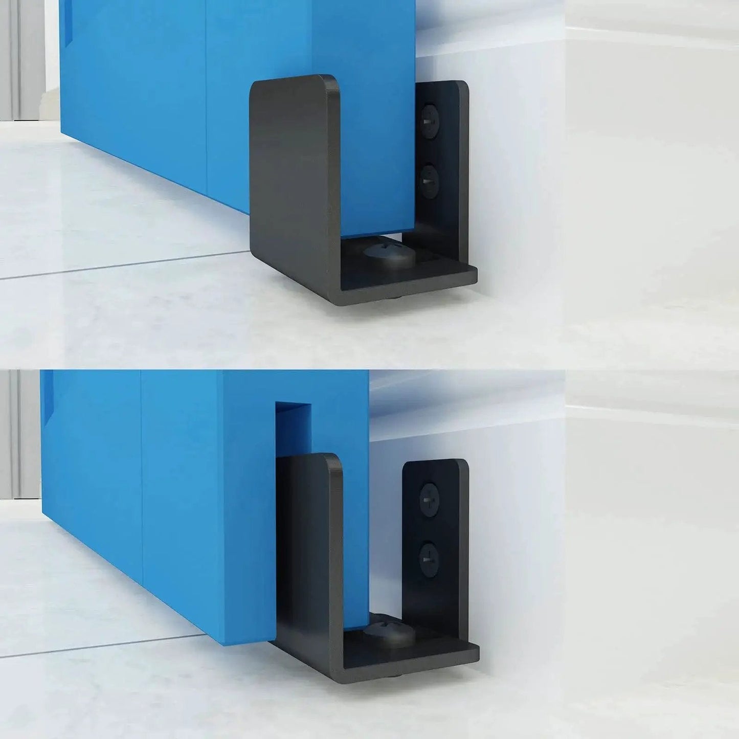 Matte Black Floor Guide For Wall Mount Sliding Barn Door Hardware Set Of 2, shown installed, fits non grooved doors from 1.375 to 1.75 inches thick.