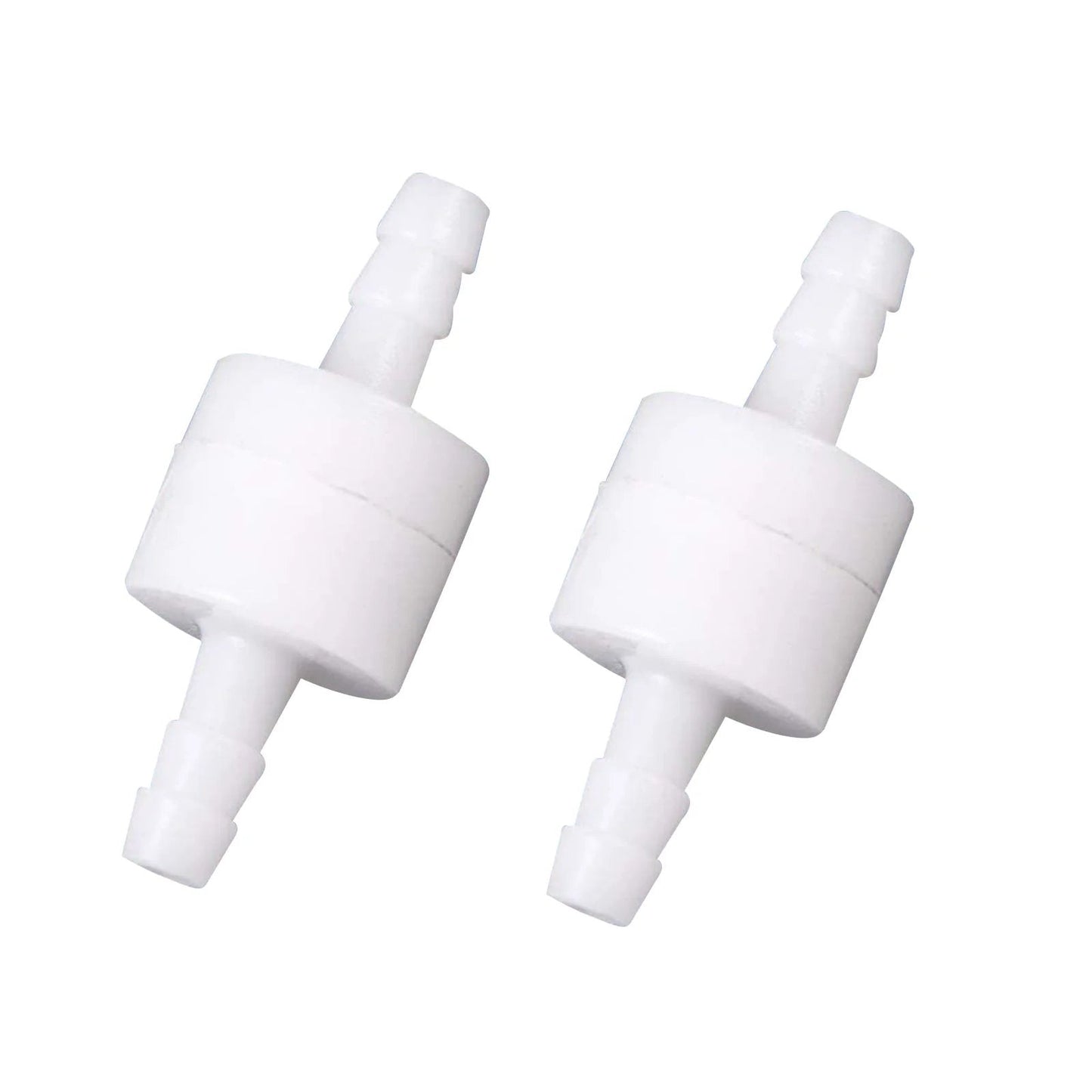 Two white PVDF plastic valves from One Way Inline Check Valve With Hose Barb For Fuel Oil Water Gas Lines, non return, in a side view.