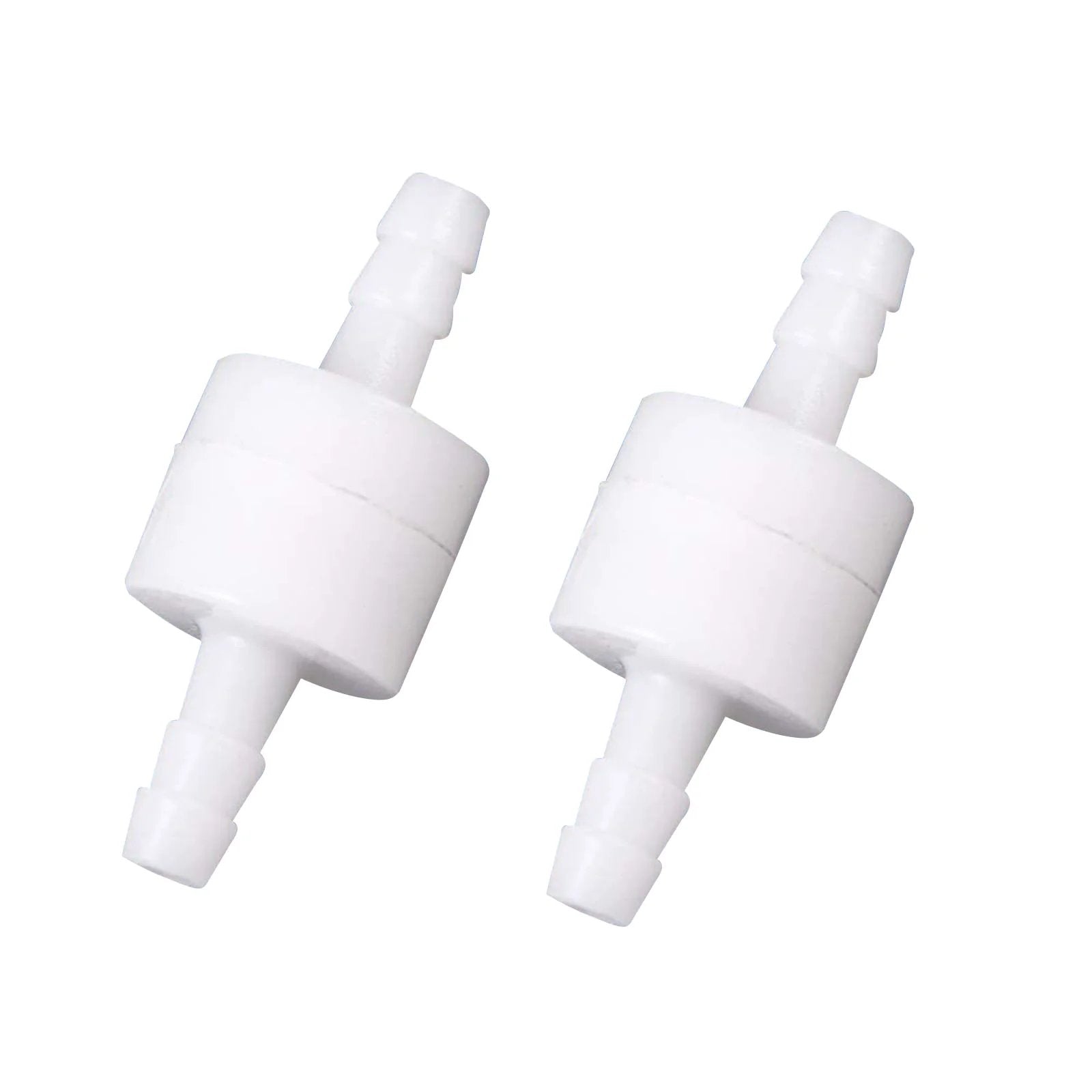 Two white PVDF plastic valves from One Way Inline Check Valve With Hose Barb For Fuel Oil Water Gas Lines, non return, in a side view.