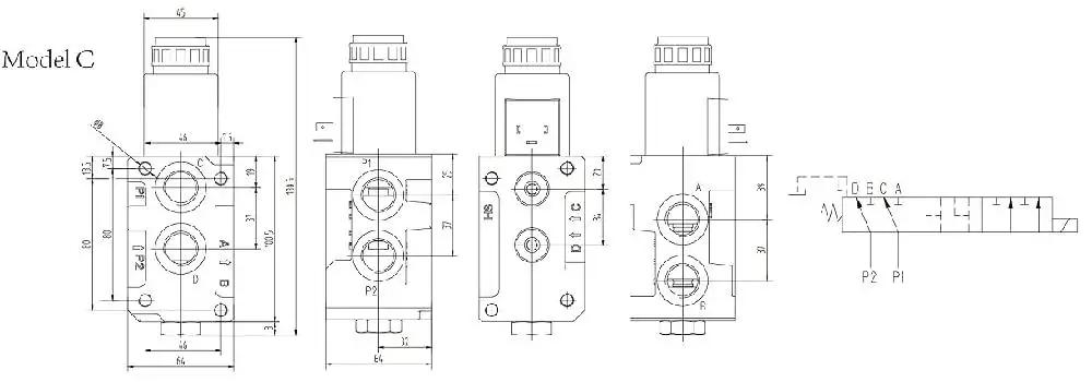 Technical drawing of Hydraulic Solenoid Selector Diverter Valve for switching oil circuits, Model C, with 7/8 14 UNF ports.