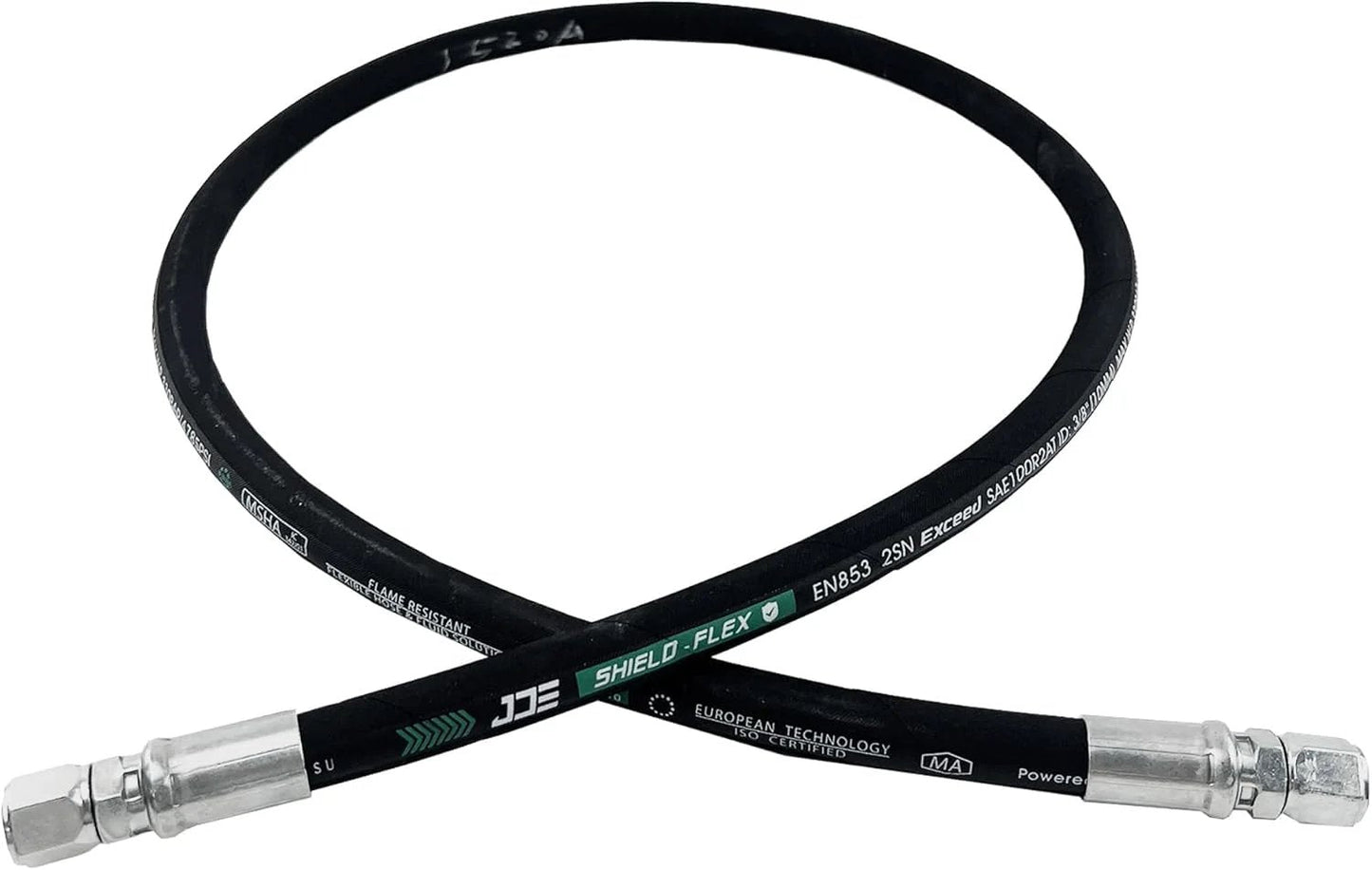 Beefy Three Eighths Inch Hydraulic Hose Swivel Assembly With Female JIC Ends, 36 Inch Long, 4785 PSI Rating, Black, Crimped On Both Ends