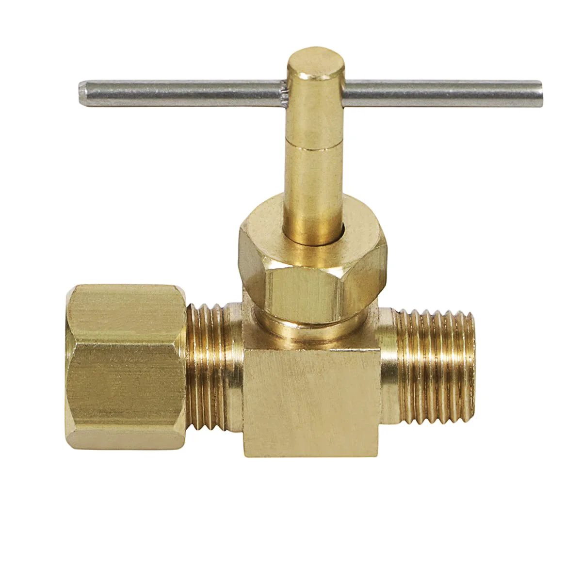 Front view of One Quarter Inch Compression To One Eighth Inch MIP Straight Needle Valve In Lead Free Brass, One Piece Body, with easy shutoff handle.