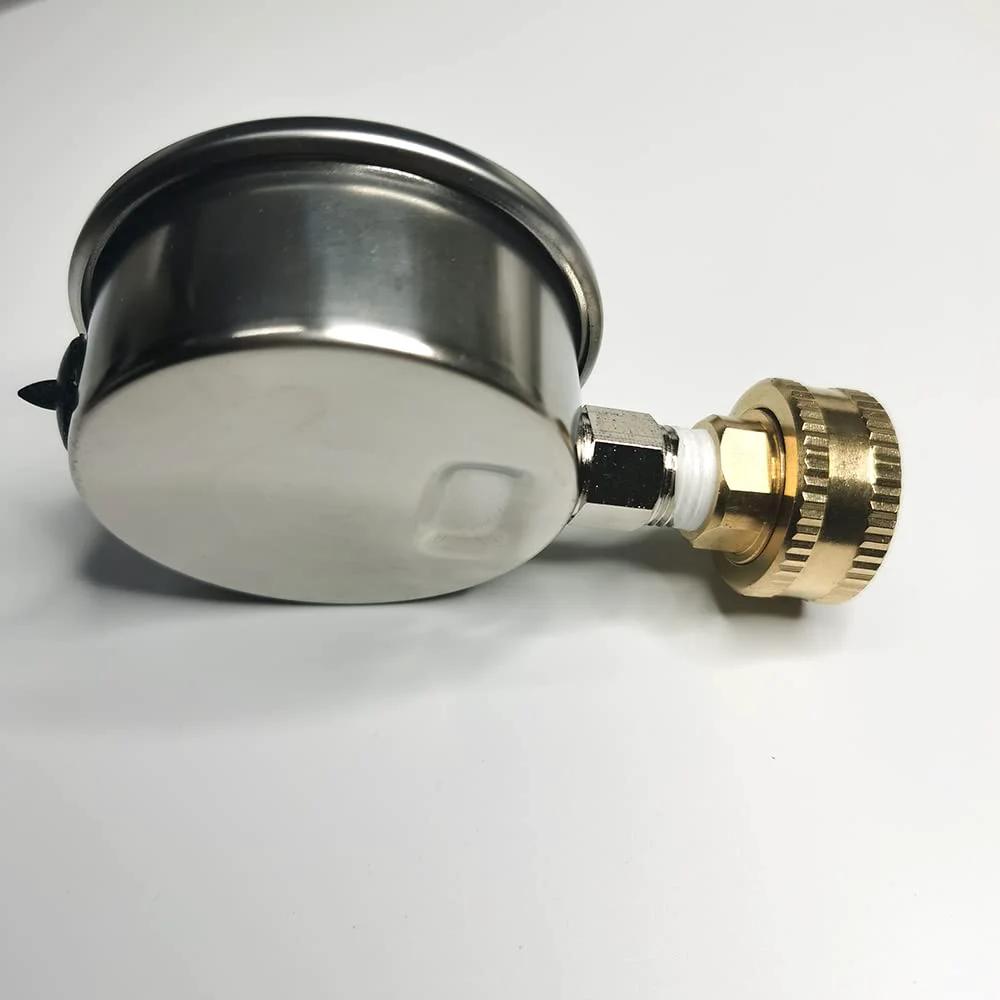 Side view of Liquid Filled Stainless Steel Pressure Gauge 0 To 220 Psi Two And A Half Inch Dial Three Quarter Inch Female GHT